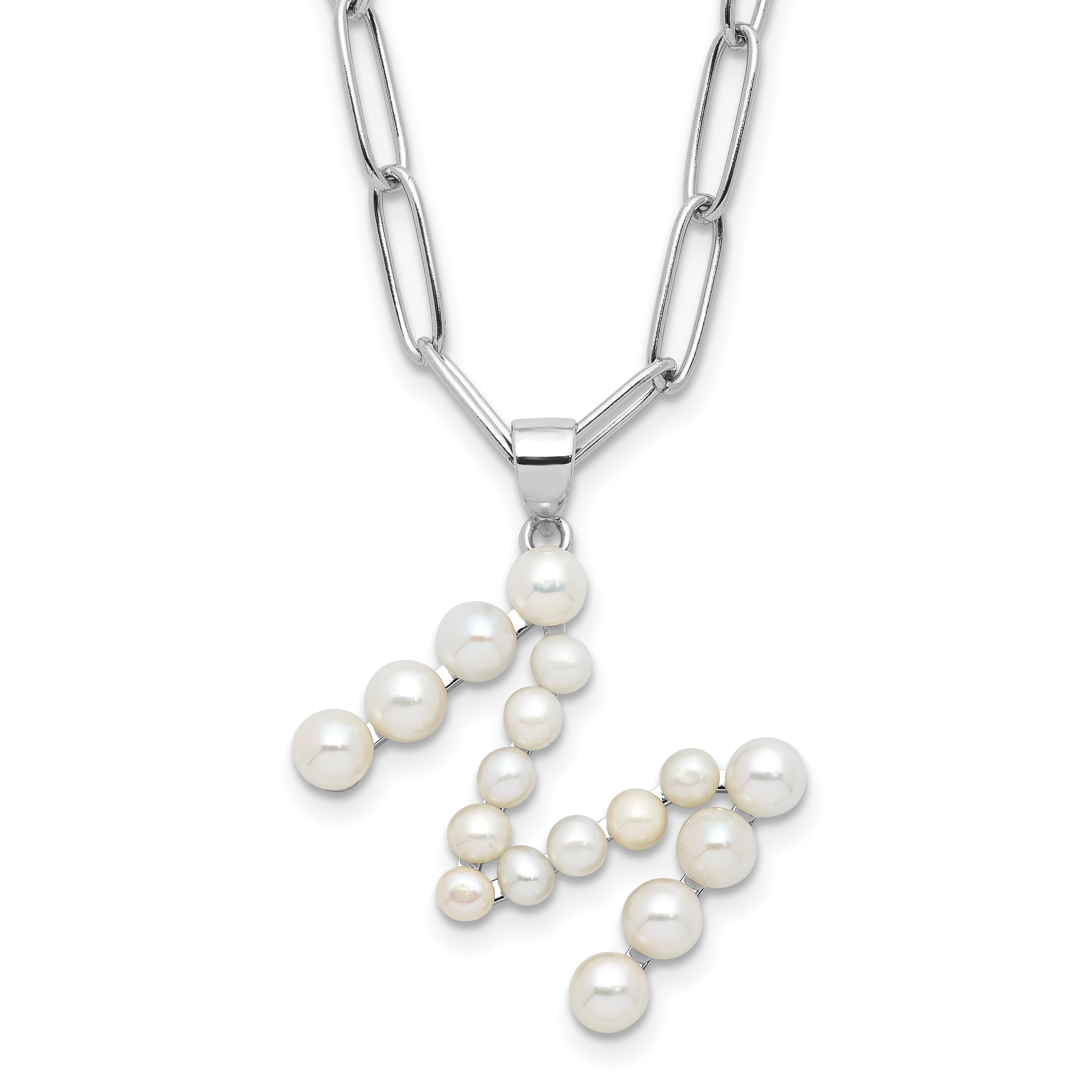 Sterling Silver Rhodium-Rhodium-Plated 3-5.5mm White Button Freshwater Cultured Pearl LETTER M 18 inch Necklace