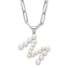 Sterling Silver Rhodium-Rhodium-Plated 3-5.5mm White Button Freshwater Cultured Pearl LETTER M 18 inch Necklace