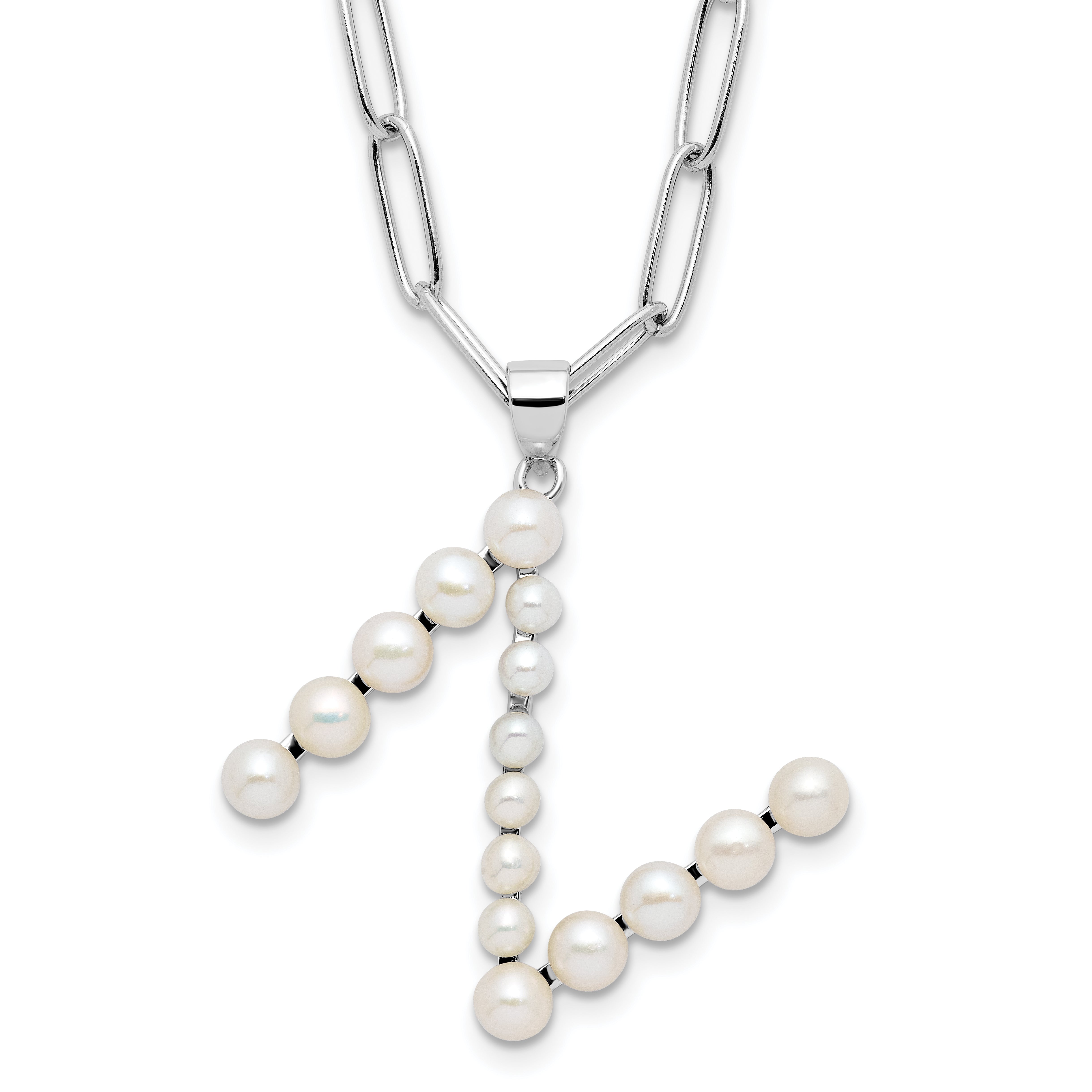 Sterling Silver Rhodium-Rhodium-Plated 3-5.5mm White Button Freshwater Cultured Pearl LETTER N 18 inch Necklace