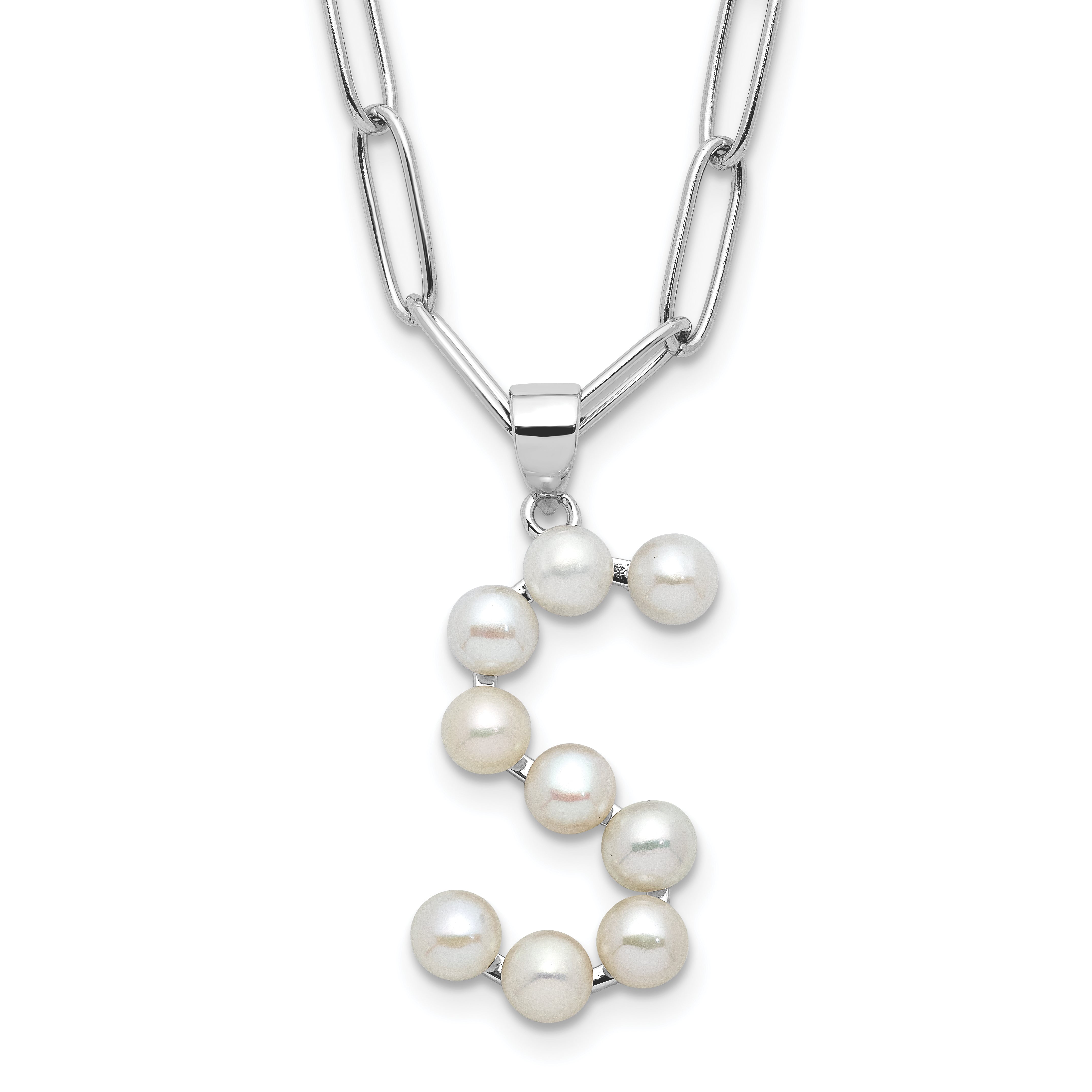 Sterling Silver Rhodium-Rhodium-Plated 3-5.5mm White Button Freshwater Cultured Pearl LETTER S 18 inch Necklace