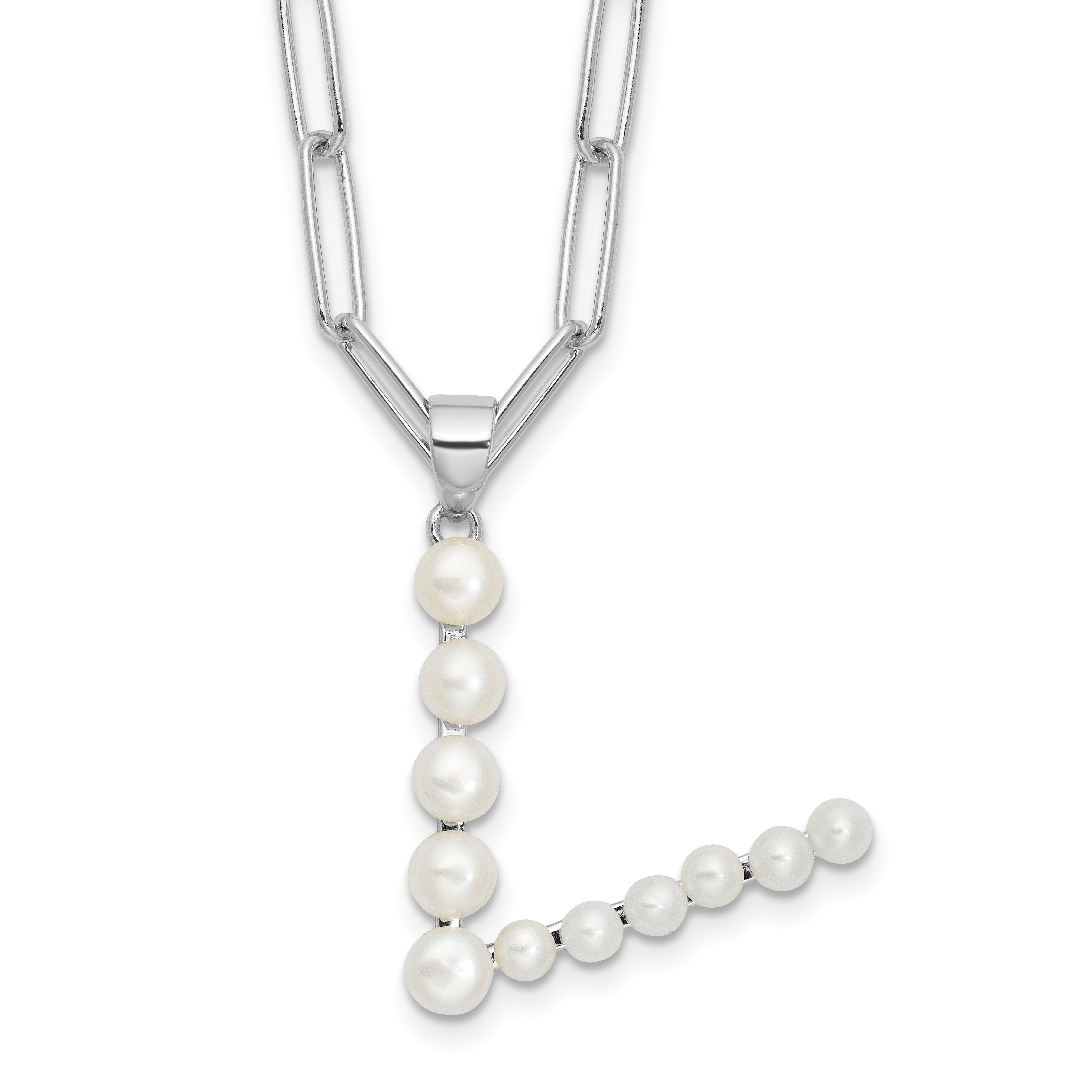 Sterling Silver Rhodium-Rhodium-Plated 3-5.5mm White Button Freshwater Cultured Pearl LETTER V 18 inch Necklace