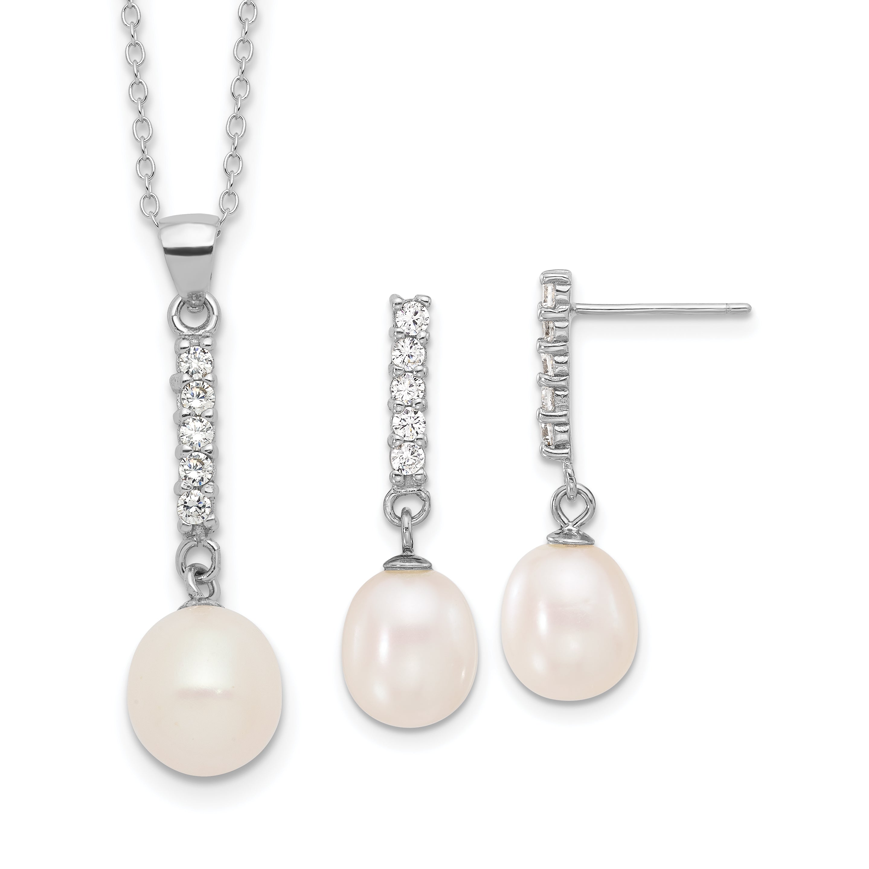 Sterling Silver Rhodium-plated Teardrop Freshwater Cultured Pearl and CZ 17 inch Necklace and Post Earrings Set