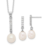 Sterling Silver Rhodium-plated Teardrop Freshwater Cultured Pearl and CZ 17 inch Necklace and Post Earrings Set