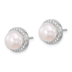 Sterling Silver Rhodium-plated 8-9.5mm White Button Freshwater Cultured Pearl and CZ 17 inch Necklace and Post Earrings Set