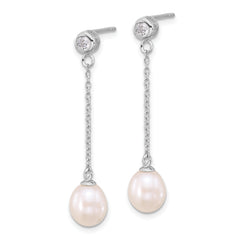Sterling Silver Rhodium-plated 7-8mm White Teardrop Freshwater Cultured Pearl and CZ 17 inch Necklace and Post Dangle Earrings Set
