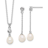 Sterling Silver Rhodium-plated 7-8mm White Teardrop Freshwater Cultured Pearl and CZ 17 inch Necklace and Post Dangle Earrings Set
