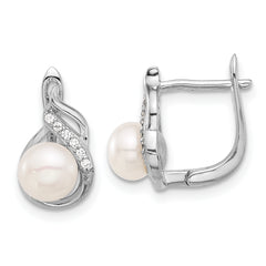 Sterling Silver Rhodium-plated 6-9mm White Button Freshwater Cultured Pearl and CZ 17 inch Necklace and Leverback Earrings Set