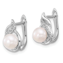 Sterling Silver Rhodium-plated 6-9mm White Button Freshwater Cultured Pearl and CZ 17 inch Necklace and Leverback Earrings Set