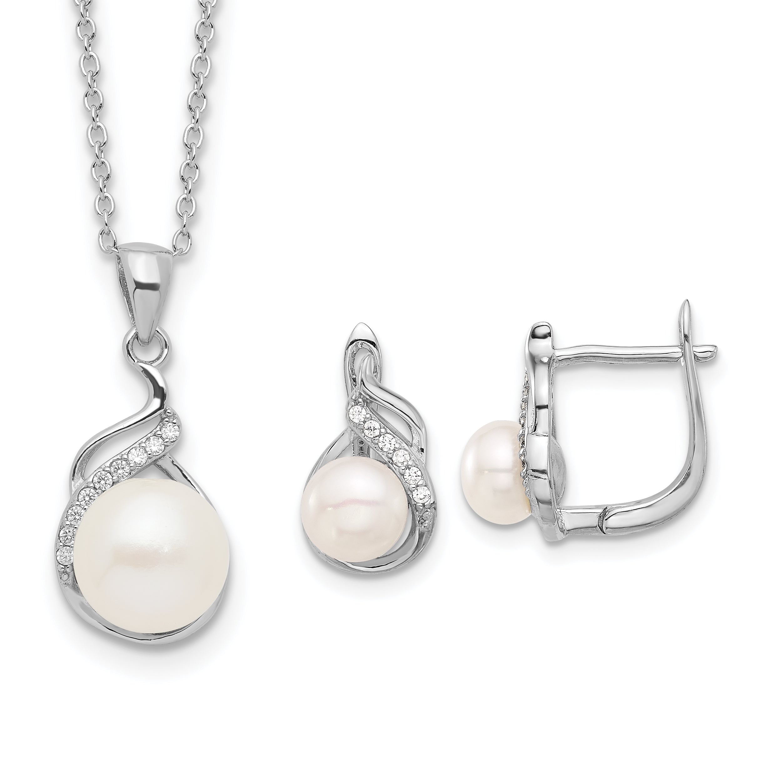 Sterling Silver Rhodium-plated 6-9mm White Button Freshwater Cultured Pearl and CZ 17 inch Necklace and Leverback Earrings Set