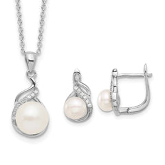 Sterling Silver Rhodium-plated 6-9mm White Button Freshwater Cultured Pearl and CZ 17 inch Necklace and Leverback Earrings Set