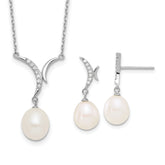 Sterling Silver Rhodium-plated 7-9mm White Teardrop Freshwater Cultured Pearl and CZ 18 inch Necklace and Post Dangle Earrings Set