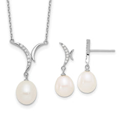 Sterling Silver Rhodium-plated 7-9mm White Teardrop Freshwater Cultured Pearl and CZ 18 inch Necklace and Post Dangle Earrings Set