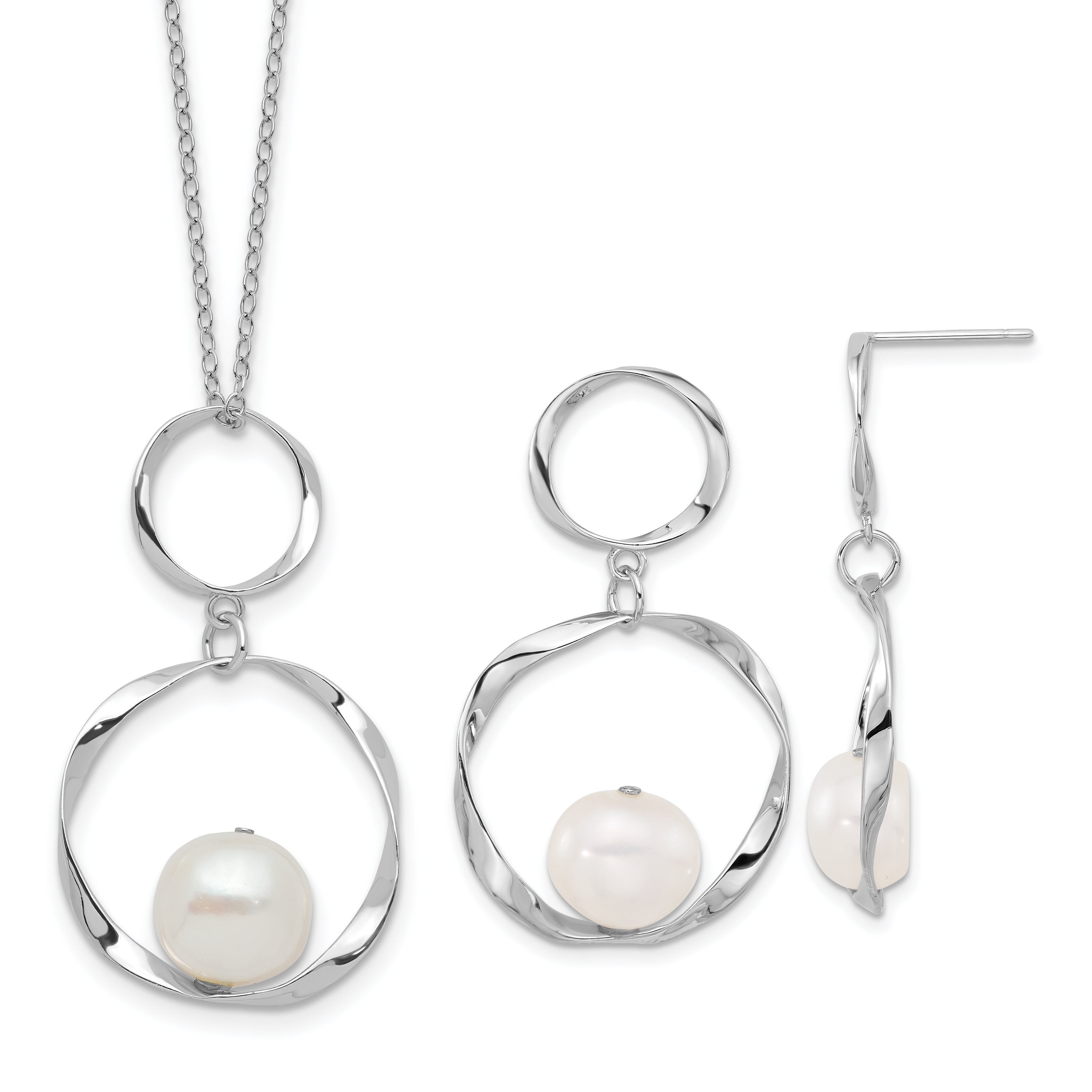 Sterling Silver Rhodium-plated 10-11mm White Button Freshwater Cultured Pearl 15.5 inch with 1.75 inch Necklace and Post Dangle Earrings Set
