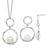 Sterling Silver Rhodium-plated 10-11mm White Button Freshwater Cultured Pearl 15.5 inch with 1.75 inch Necklace and Post Dangle Earrings Set