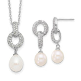 Sterling Silver Rhodium-plated 7-9mm White Teardrop Freshwater Cultured Pearl and CZ 17 inch Necklace and Post Dangle Earrings Set