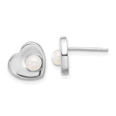 Sterling Silver Rhodium-plated 4-7mm White Button Freshwater Cultured Pearl 17.5 inch Heart Necklace and Post Earrings Set