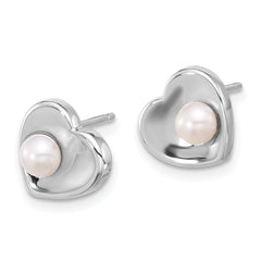 Sterling Silver Rhodium-plated 4-7mm White Button Freshwater Cultured Pearl 17.5 inch Heart Necklace and Post Earrings Set