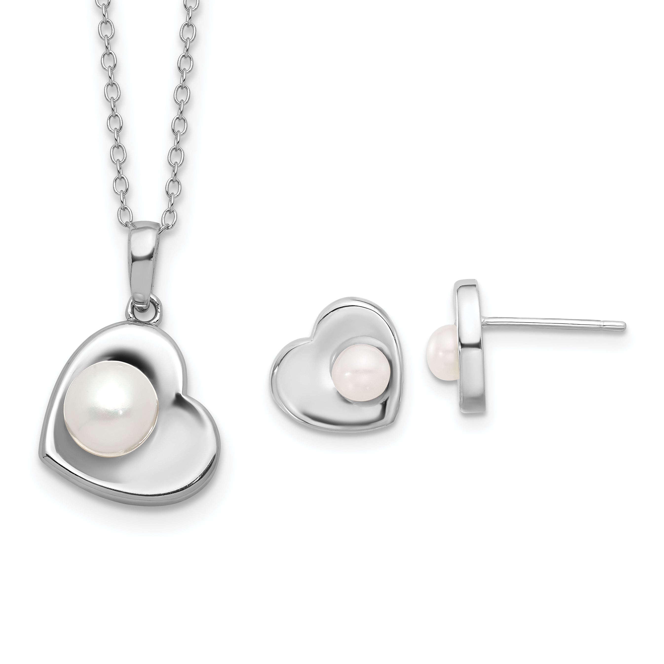 Sterling Silver Rhodium-plated 4-7mm White Button Freshwater Cultured Pearl 17.5 inch Heart Necklace and Post Earrings Set