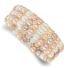 6-7mm Button White/Pink/Peach Freshwater Cultured Pearl and Glass Beaded 3-row Stretch Bracelet