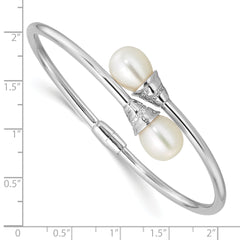 Sterling Silver Rhodium-plated 8-10mm Teardrop White Freshwater Cultured Pearl and CZ Hinged Bangle