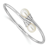 Sterling Silver Rhodium-plated 8-10mm Teardrop White Freshwater Cultured Pearl and CZ Hinged Bangle