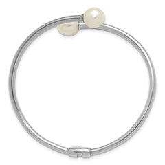 Sterling Silver Rhodium-plated 7-9mm Teardrop White Freshwater Cultured Pearl Hinged Bangle