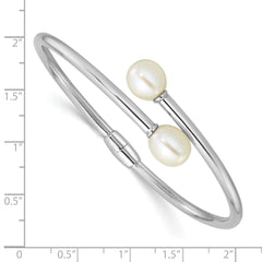 Sterling Silver Rhodium-plated 7-9mm Teardrop White Freshwater Cultured Pearl Hinged Bangle