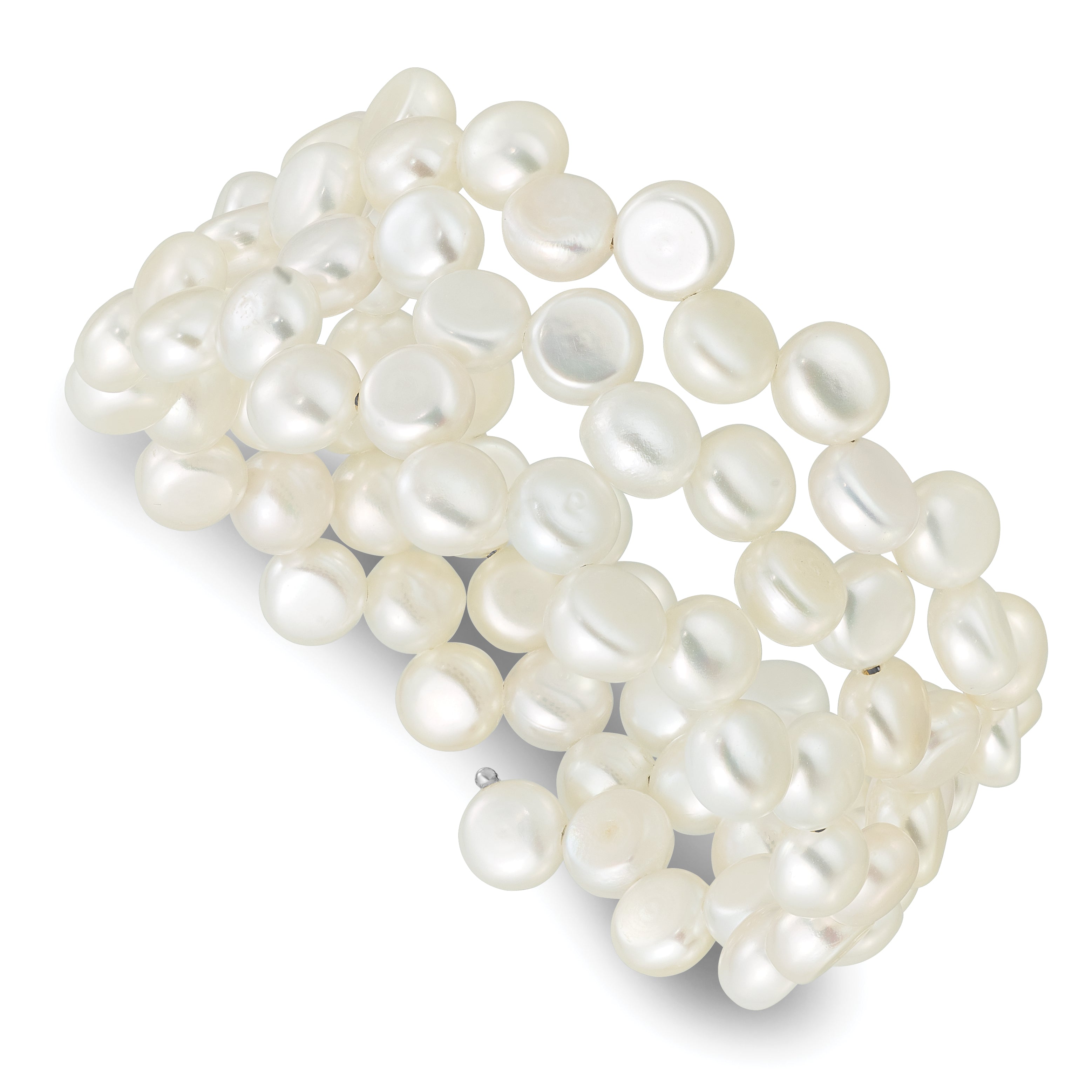 Sterling Silver Rhodium-plated 6-7mm Button White Freshwater Cultured Pearl Flexible Wrap Bracelet