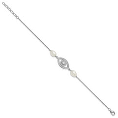 Sterling Silver Rhodium-plated 6-8mm Teardrop White Freshwater Cultured Pearl and CZ Evil Eye 7 inch with 1 inch Extender Bracelet