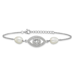 Sterling Silver Rhodium-plated 6-8mm Teardrop White Freshwater Cultured Pearl and CZ Evil Eye 7 inch with 1 inch Extender Bracelet