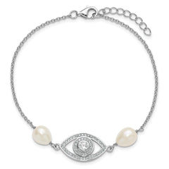 Sterling Silver Rhodium-plated 6-8mm Teardrop White Freshwater Cultured Pearl and CZ Evil Eye 7 inch with 1 inch Extender Bracelet