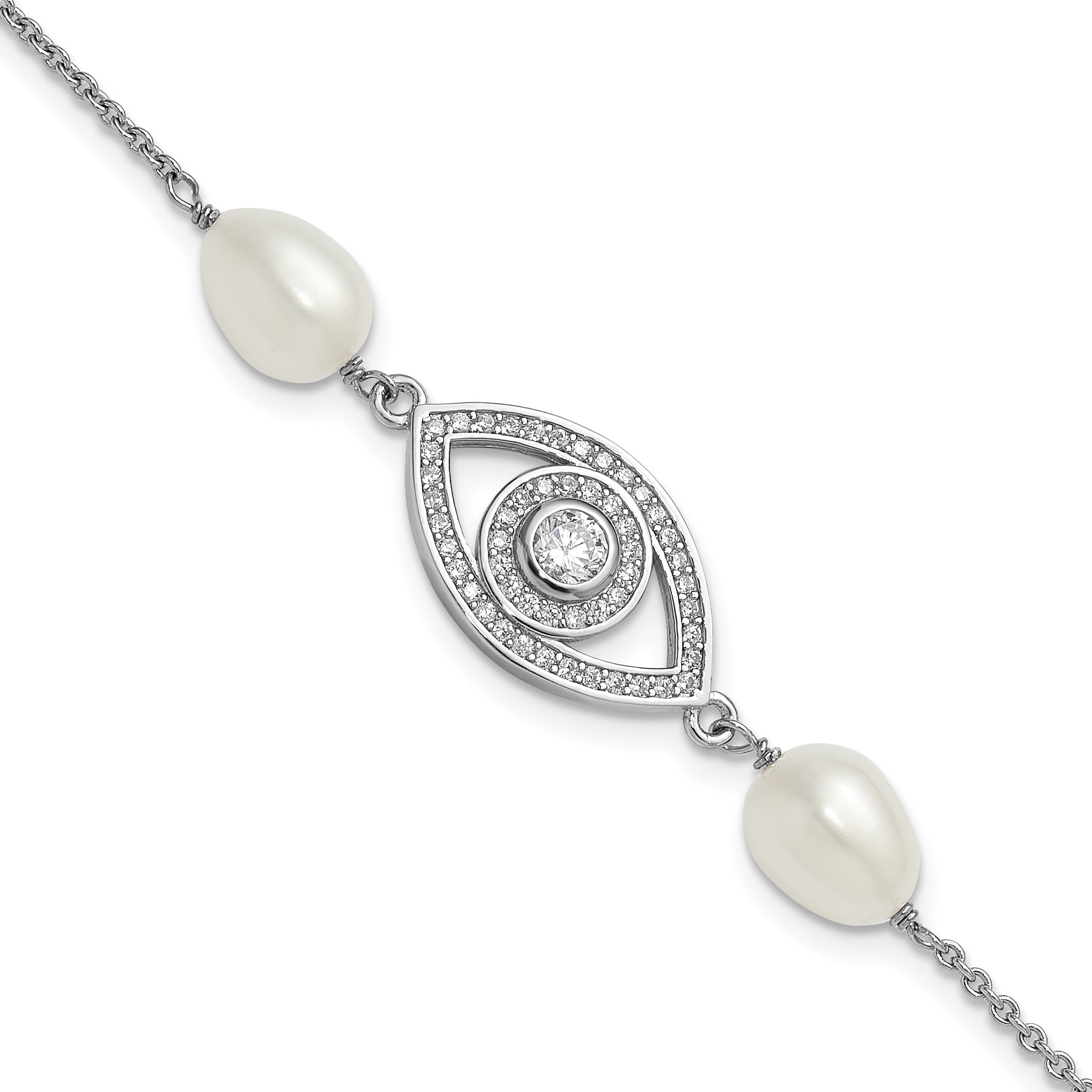 Sterling Silver Rhodium-plated 6-8mm Teardrop White Freshwater Cultured Pearl and CZ Evil Eye 7 inch with 1 inch Extender Bracelet
