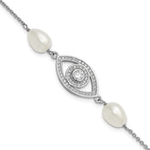 Sterling Silver Rhodium-plated 6-8mm Teardrop White Freshwater Cultured Pearl and CZ Evil Eye 7 inch with 1 inch Extender Bracelet