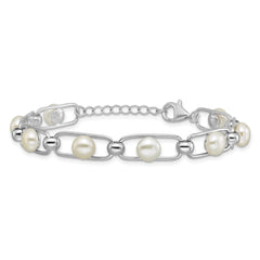 Sterling Silver Rhodium-plated 6-7mm Button White Freshwater Cultured Pearl 6.5 inch with 1 inch Extender Bracelet