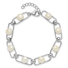 Sterling Silver Rhodium-plated 6-7mm Button White Freshwater Cultured Pearl 6.5 inch with 1 inch Extender Bracelet