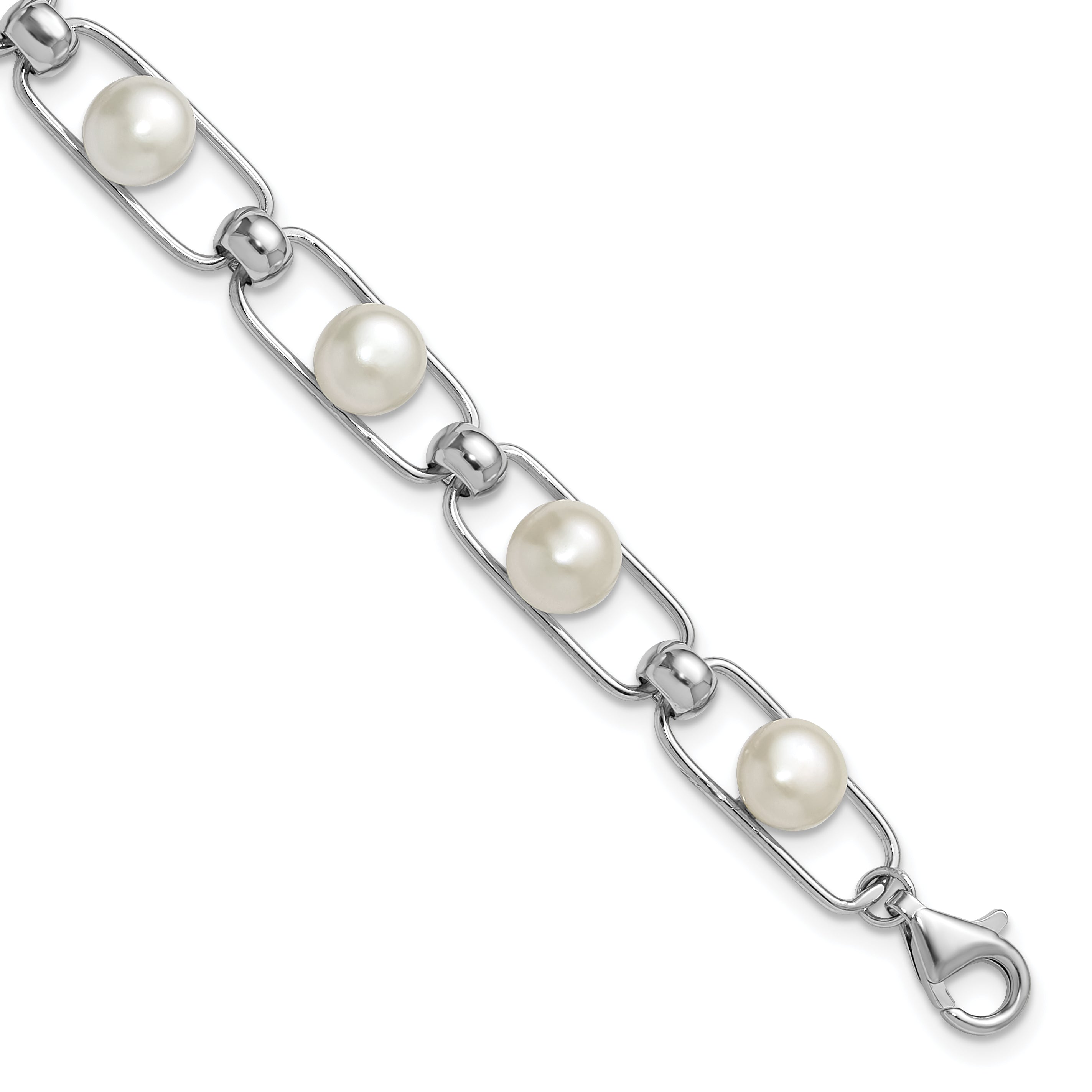 Sterling Silver Rhodium-plated 6-7mm Button White Freshwater Cultured Pearl 6.5 inch with 1 inch Extender Bracelet