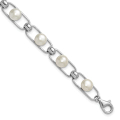 Sterling Silver Rhodium-plated 6-7mm Button White Freshwater Cultured Pearl 6.5 inch with 1 inch Extender Bracelet