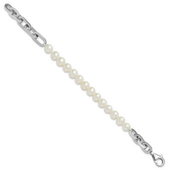 Sterling Silver Rhodium-plated 7-8mm Round White Freshwater Cultured Pearl and Link 8 inch Bracelet