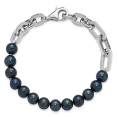 Sterling Silver Rhodium-plated 7-8mm Round Black Freshwater Cultured Pearl and Link 8 inch Bracelet