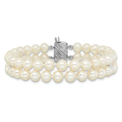 Sterling Silver Rhodium-plated 6-7mm Round White Freshwater Cultured Pearl 2-Strand 7 inch Bracelet
