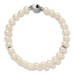 Sterling Silver Rhodium-plated 6-7mm Round White Freshwater Cultured Pearl 2-Strand 7 inch Bracelet