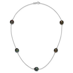 Sterling Silver Rhodium-plated 9-10mm Baroque Black Tahitian Saltwater Cultured Pearl 5-Station 18 inch Necklace