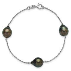 Sterling Silver Rhodium-plated 9-10mm Baroque Black Tahitian Saltwater Cultured Pearl 3-Station 7.5 inch Bracelet
