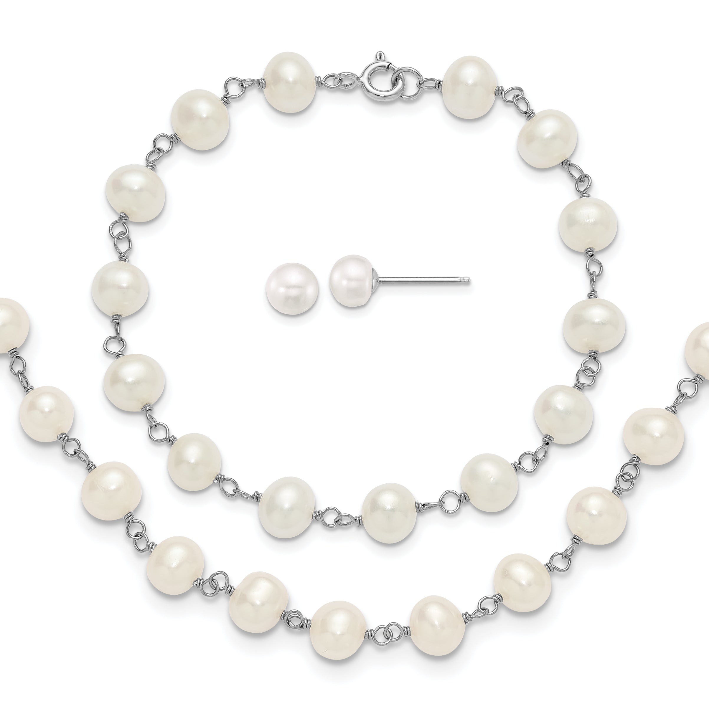 Sterling Silver Rhodium-plated 6-7mm Semi-Round White Freshwater Cultured Pearl 18 inch Necklace/7 inch Bracelet/Button Post Earring Set