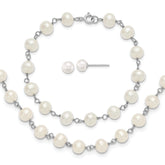 Sterling Silver Rhodium-plated 6-7mm Semi-Round White Freshwater Cultured Pearl 18 inch Necklace/7 inch Bracelet/Button Post Earring Set