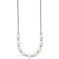 Sterling Silver Rhodium-plated Polished and Beaded 7-8mm Freshwater Cultured Rice Pearl 16 Inch with 2 Inch Extension Necklace