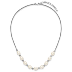Sterling Silver Rhodium-plated Polished and Beaded 7-8mm Freshwater Cultured Rice Pearl 16 Inch with 2 Inch Extension Necklace