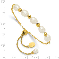Sterling Silver Gold-tone Polished and Beaded 7-8mm Freshwater Cultured Rice Pearl Adjustable Bolo Bracelet