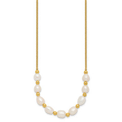 Sterling Silver Gold-tone Polished and Beaded 7-8mm Freshwater Cultured Rice Pearl 16 Inch with 2 Inch Extension Necklace