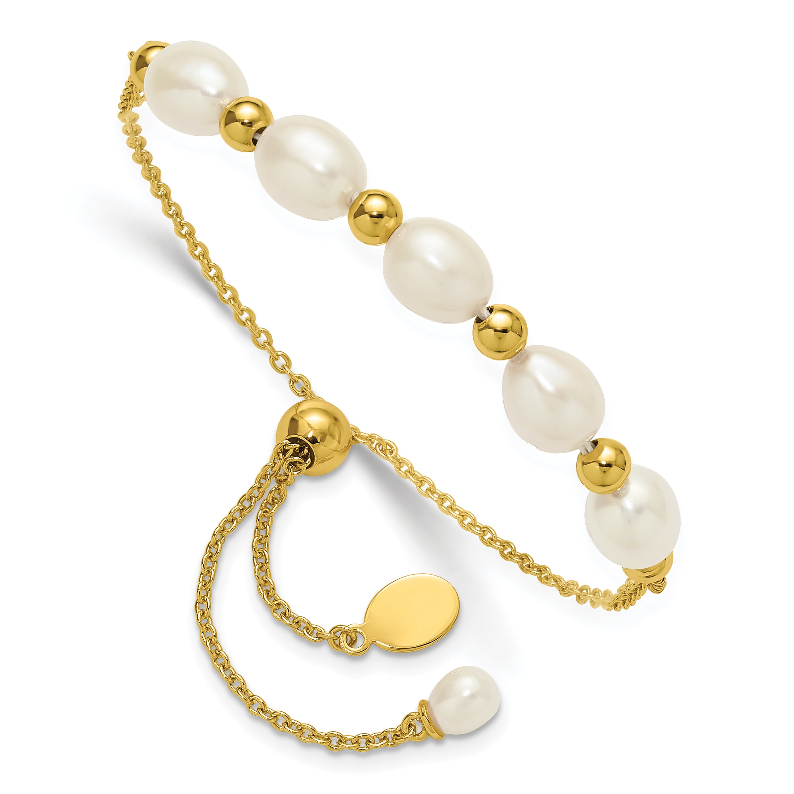 Sterling Silver Gold-tone Polished and Beaded 7-8mm Freshwater Cultured Rice Pearl Adjustable Bolo Bracelet